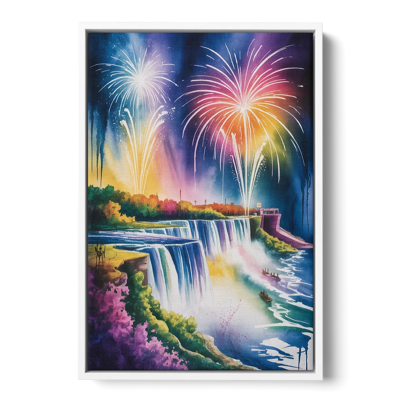 Niagara Falls Fireworks Show Front - White Canvas Wall Art
