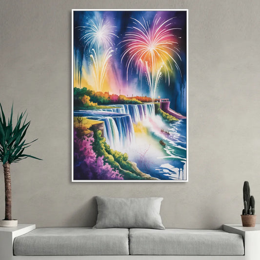 Niagara Falls Fireworks Show Living Room - White Canvas Wall Art