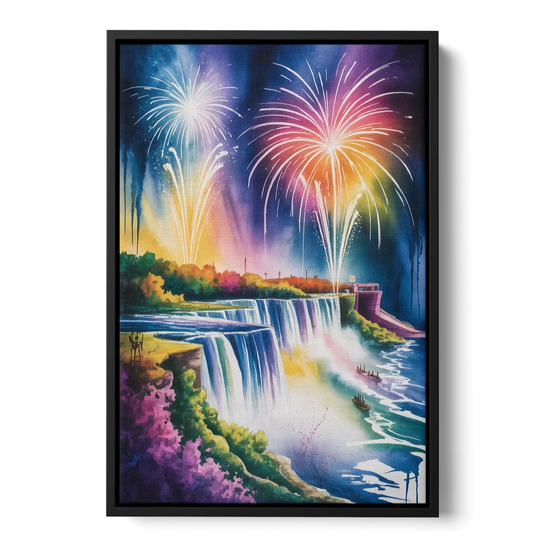 Niagara Falls Fireworks Show Front - Black Canvas Wall Art