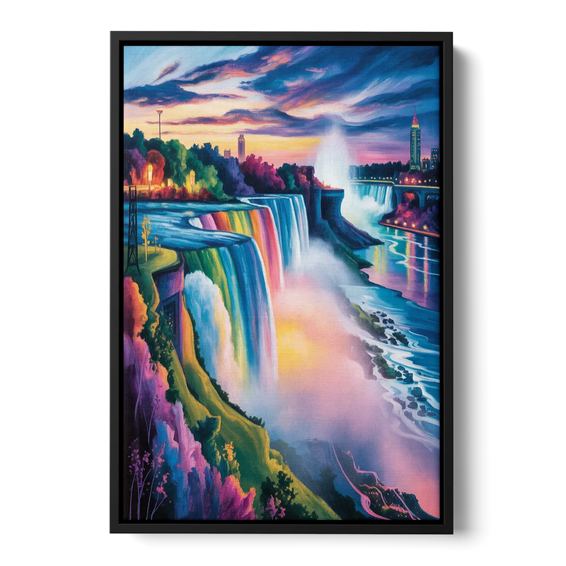 Niagara Falls Rainbow Light Front - Black Canvas Wall Art