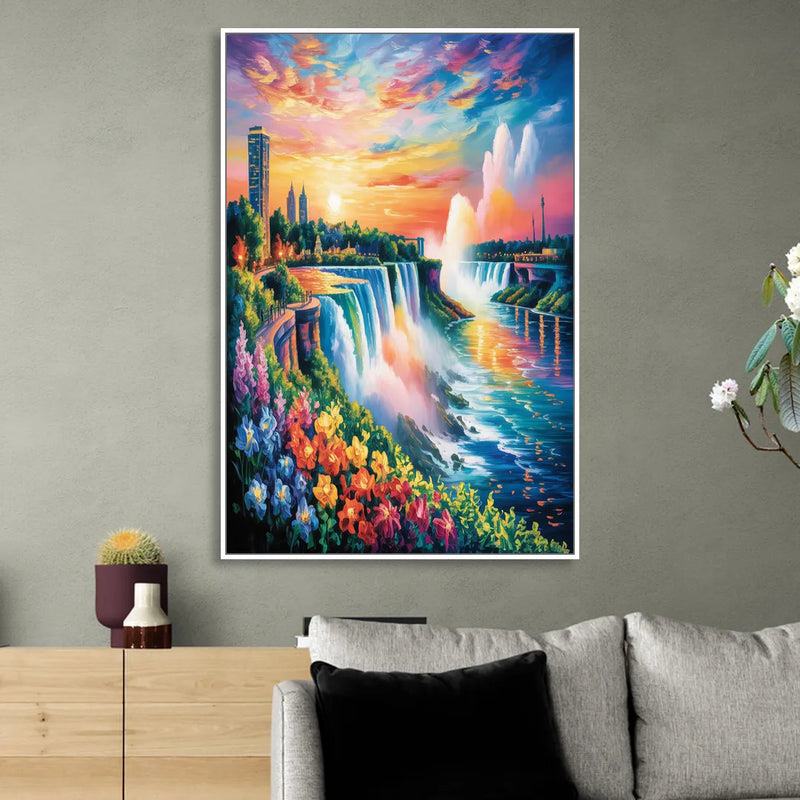 Niagara Falls Sunset Glow Sitting Room - White Canvas Wall Art