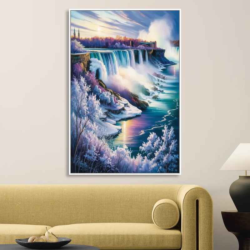 Niagara Falls Winter Freeze Living Room - White Canvas Wall Art