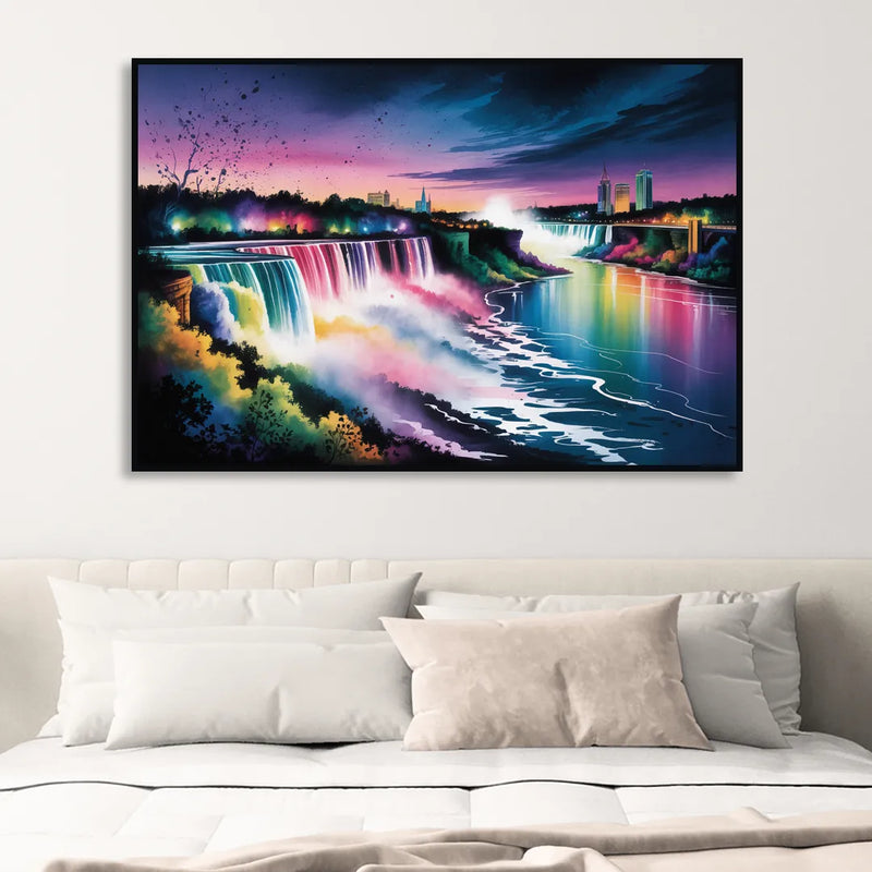Niagara Falls at Night Sitting Room - Black Canvas Wall Art