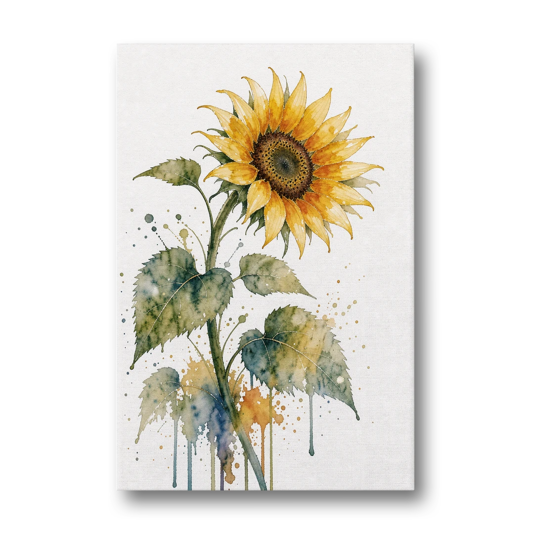 Nodding Watercolor Sunflower with Dripping Leaves - Canvas Wall Art - Front