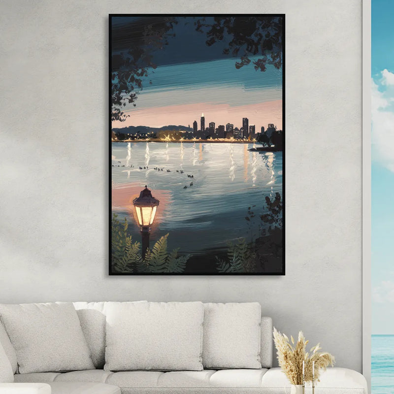 Oakland Lake Merritt Reflection Living Room - Black Canvas Wall Art