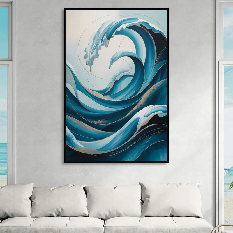Ocean Currents Blue Abstract Living Room - Black Canvas Wall Art