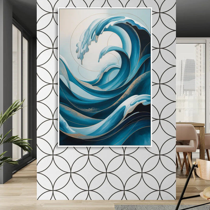 Ocean Currents Blue Abstract Living Room - White Canvas Wall Art