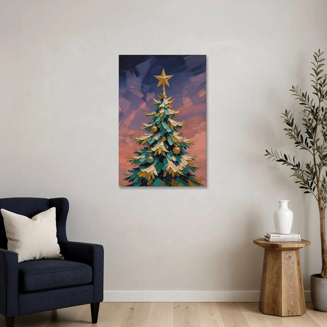 Oil Painting Christmas Tree at Violet Twilight - Canvas Wall Art - Sofa - 24x36