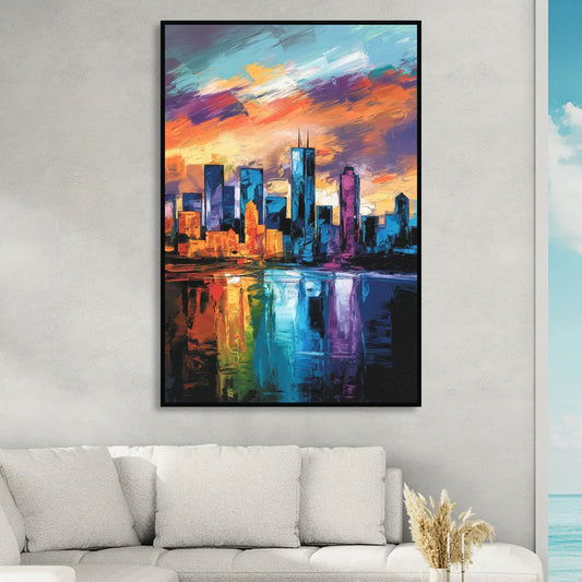 Oklahoma City Skyline with Thunder Colors Living Room - Black Canvas Wall Art