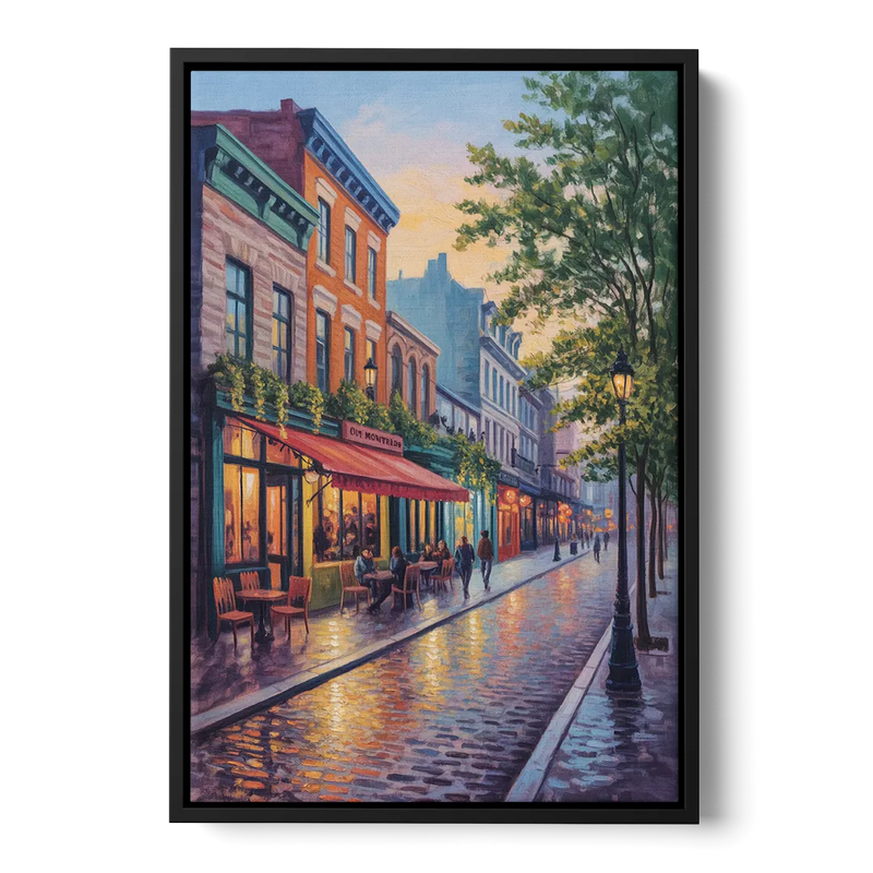 Old Montreal Streets Front - Black Canvas Wall Art