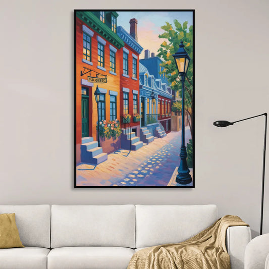 Old Quebec Streets Living Room - Black Canvas Wall Art