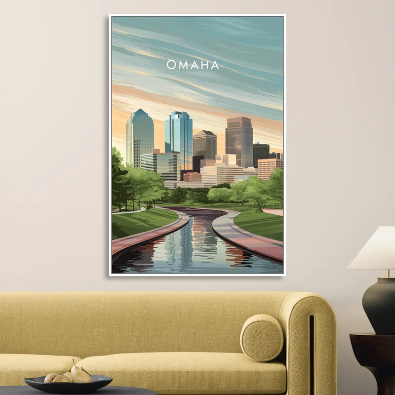 Omaha Downtown View Sitting Room - White Canvas Wall Art