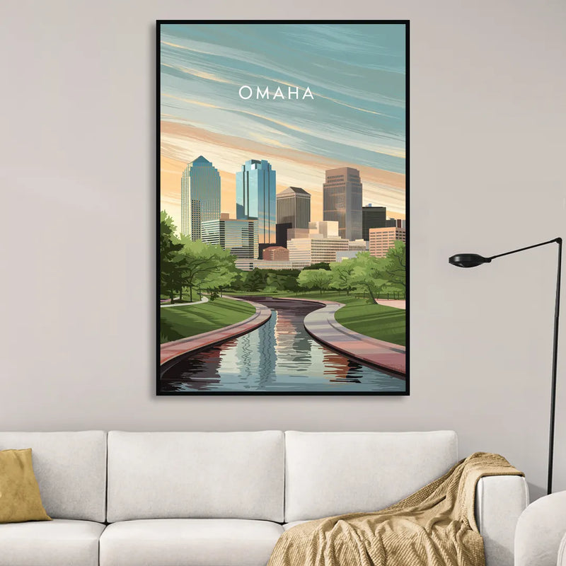 Omaha Downtown View Living Room - Black Canvas Wall Art