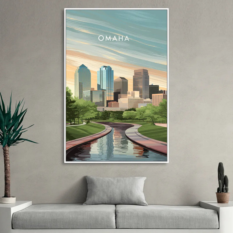 Omaha Downtown View Living Room - White Canvas Wall Art