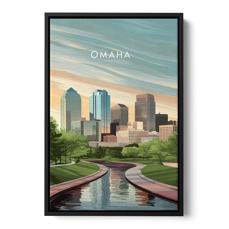 Omaha Downtown View Front - Black Canvas Wall Art