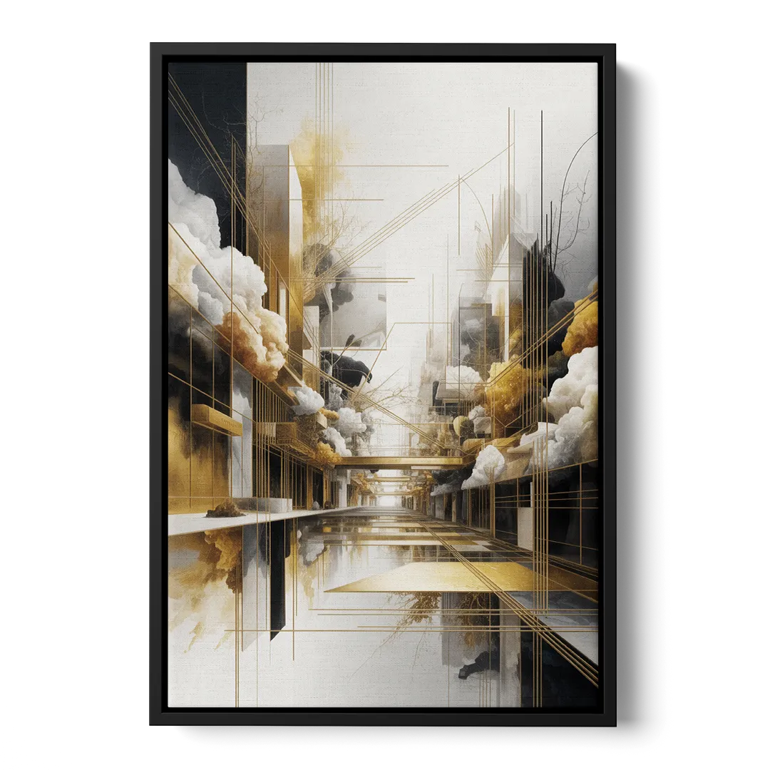 Opulent Abstract Elegance White and Gold - Black Frame Canvas