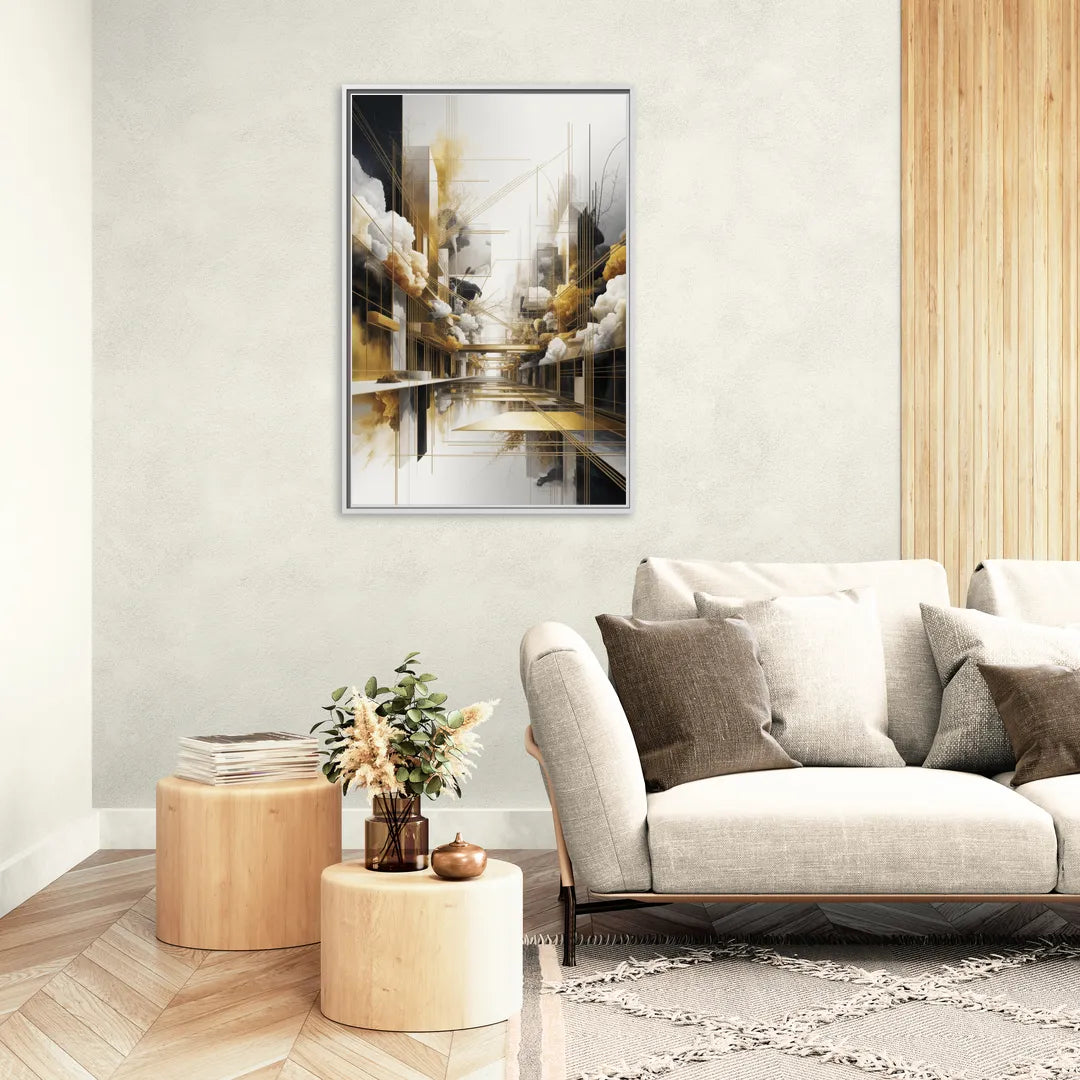 Opulent Abstract Elegance White and Gold - Living Room White Frame Canvas