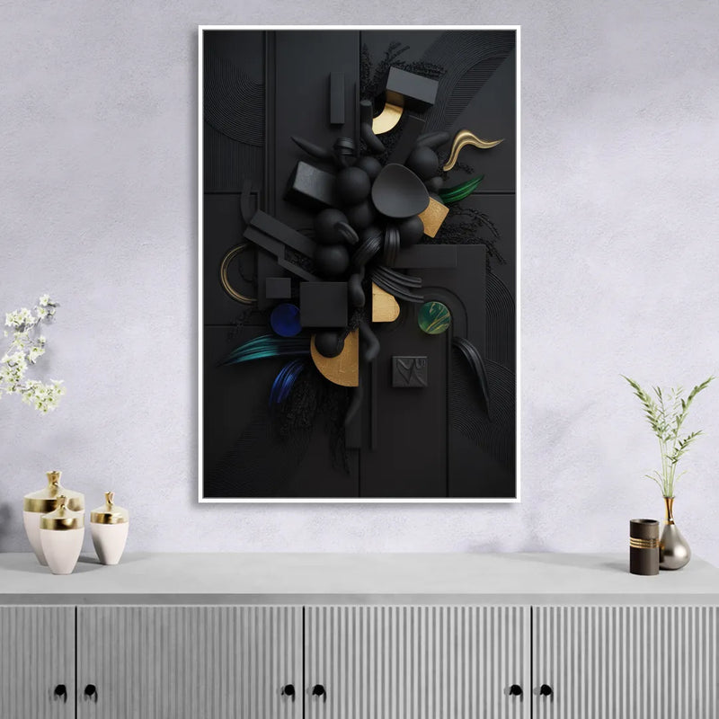 Opulent Contrast Black Abstract Sitting Room - White Canvas Wall Art