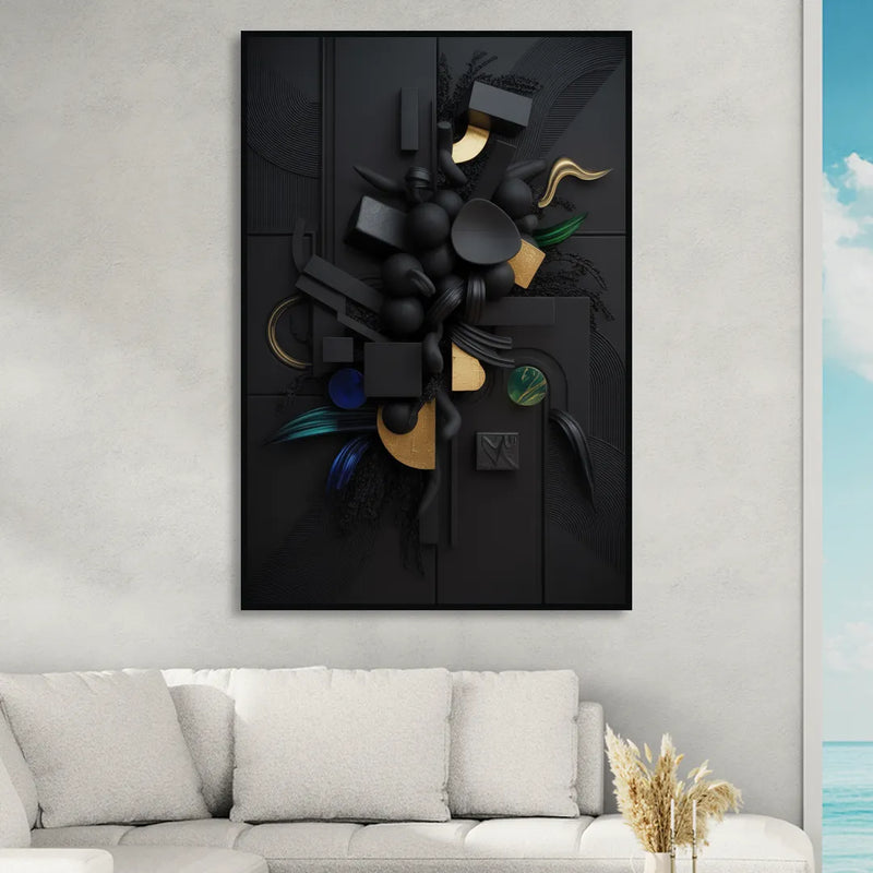 Opulent Contrast Black Abstract Living Room - Black Canvas Wall Art