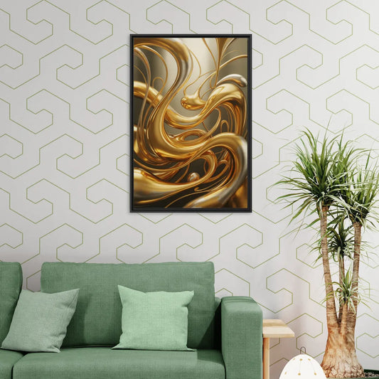 Opulent Flow Gold Abstract - Living Room Black Frame Canvas