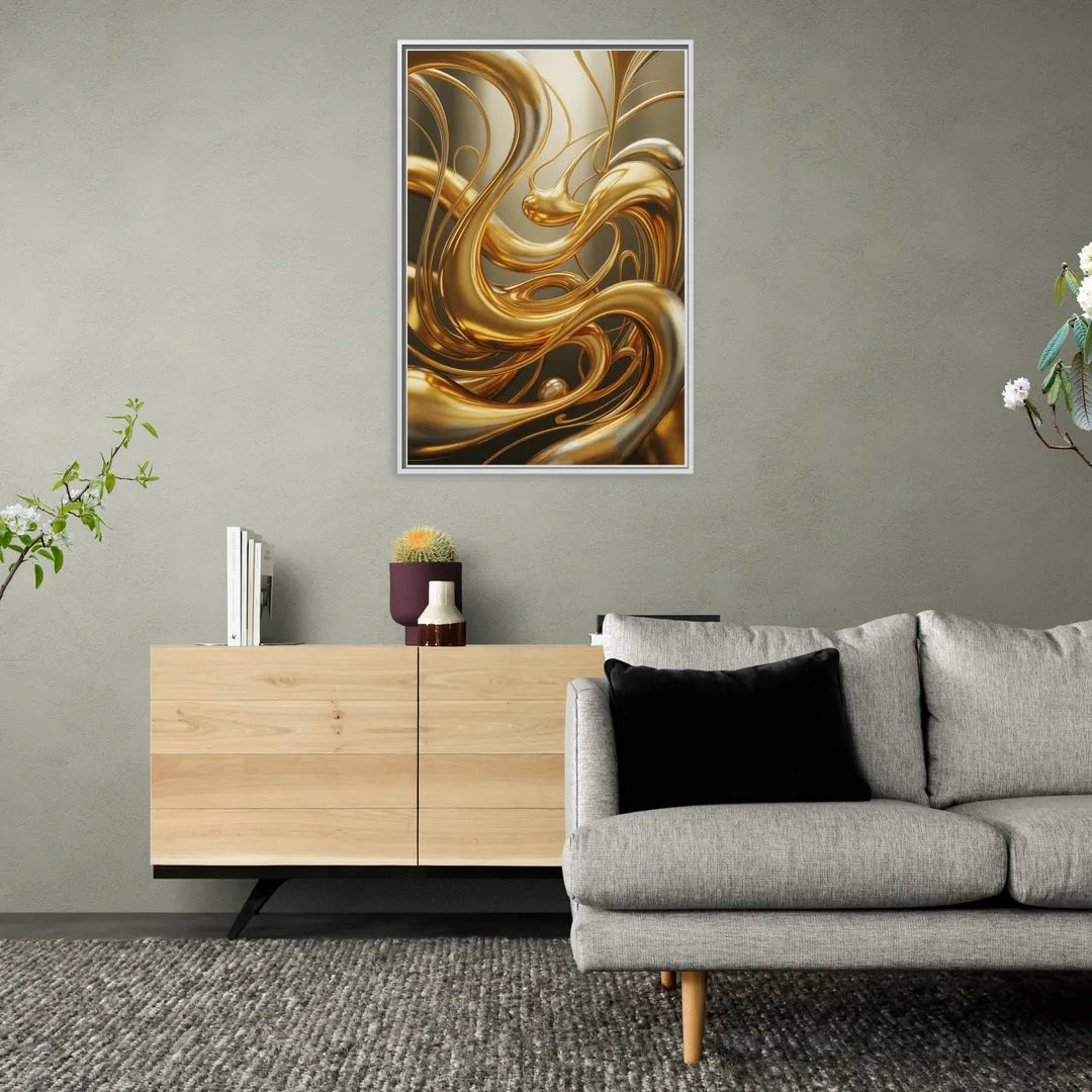 Opulent Flow Gold Abstract - Living Room White Frame Canvas
