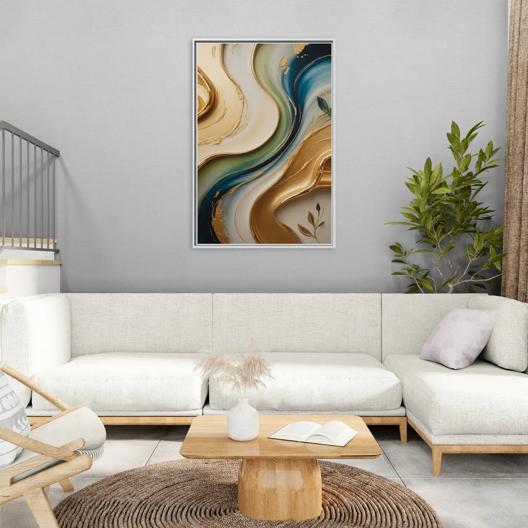 Opulent Flowing Forms Gold Abstract - Living Room White Frame Canvas