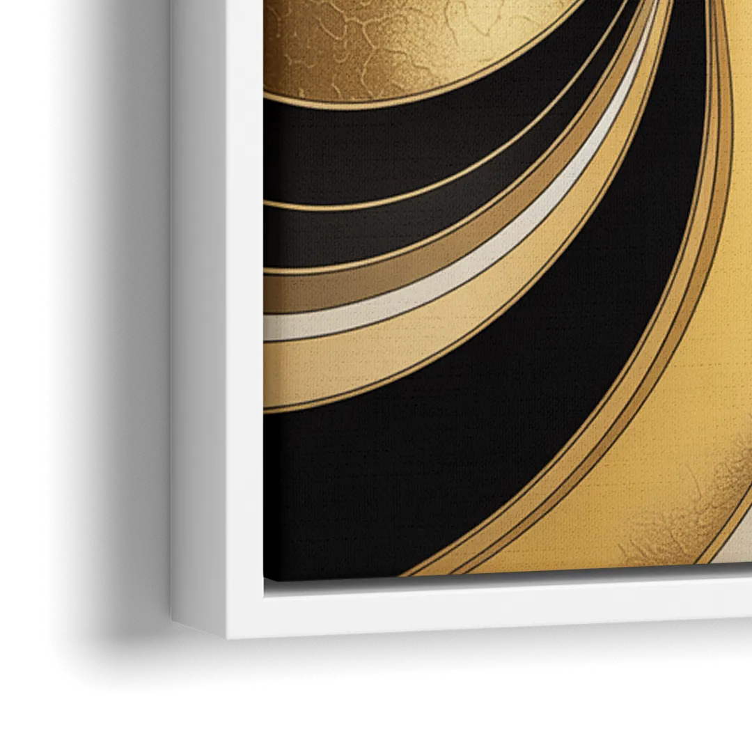 Opulent Fluidity in Black and Gold Abstract - Close-Up White Frame Canvas