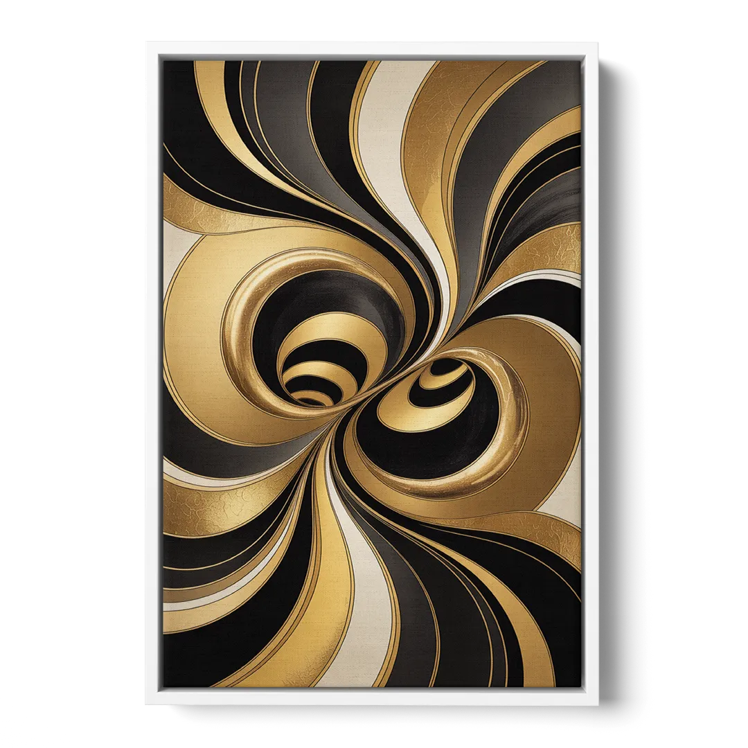 Opulent Fluidity in Black and Gold Abstract - White Frame Canvas