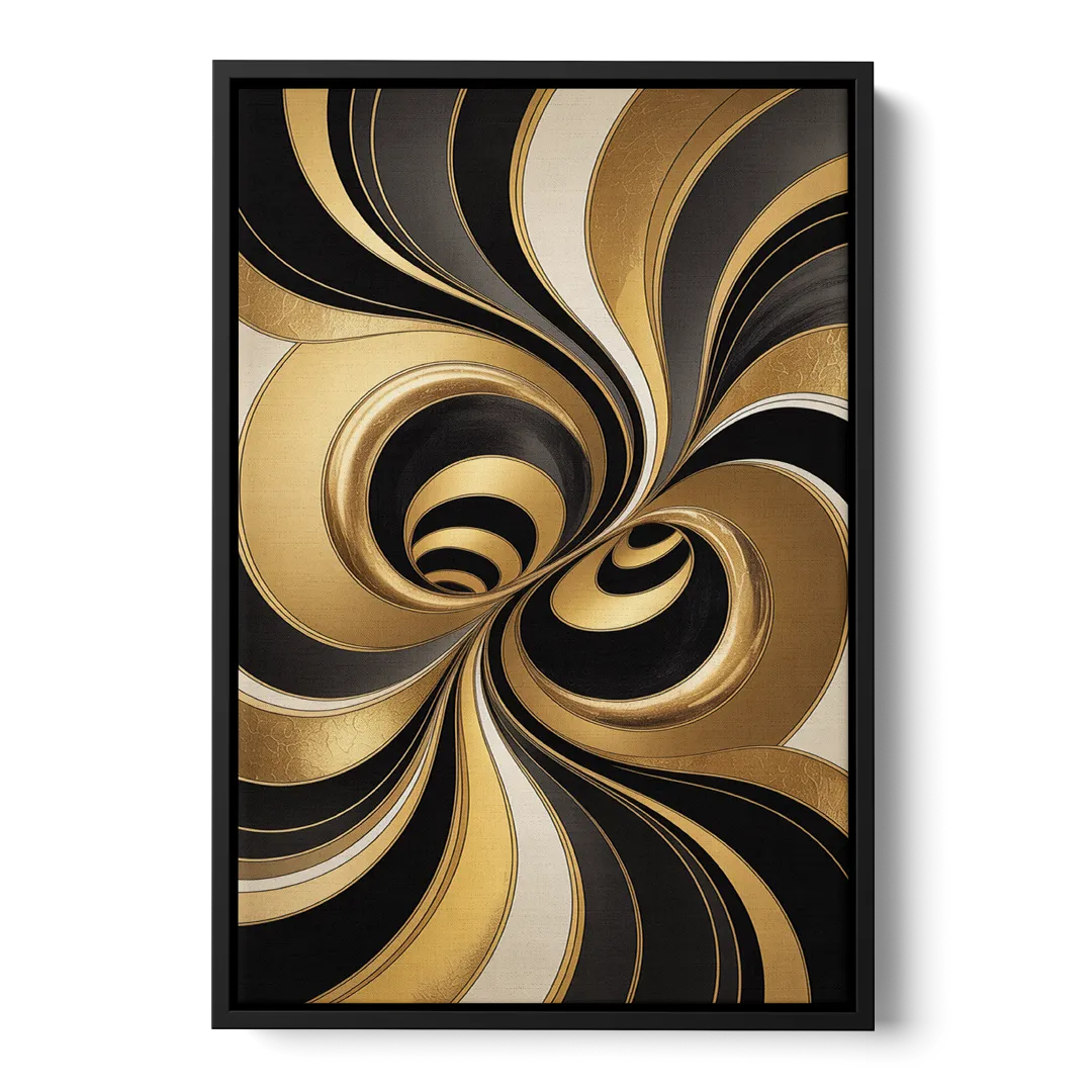 Opulent Fluidity in Black and Gold Abstract - Black Frame Canvas
