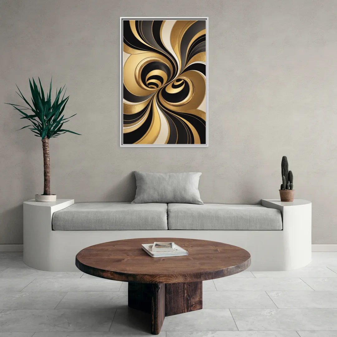 Opulent Fluidity in Black and Gold Abstract - Living Room White Frame Canvas