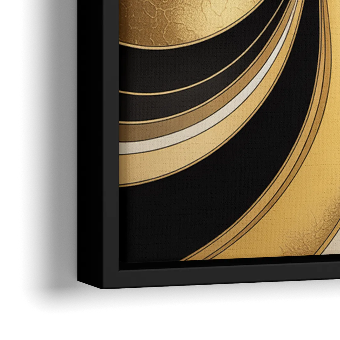 Opulent Fluidity in Black and Gold Abstract - Close-Up Black Frame Canvas