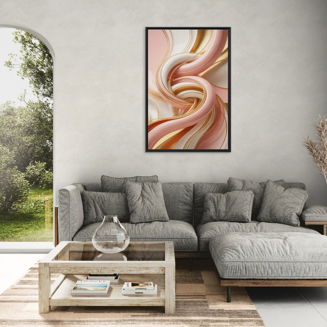 Opulent Fluidity in Pink and Gold Abstract - Living Room Black Frame Canvas