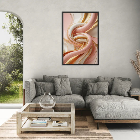Opulent Fluidity in Pink and Gold Abstract - Living Room Black Frame Canvas