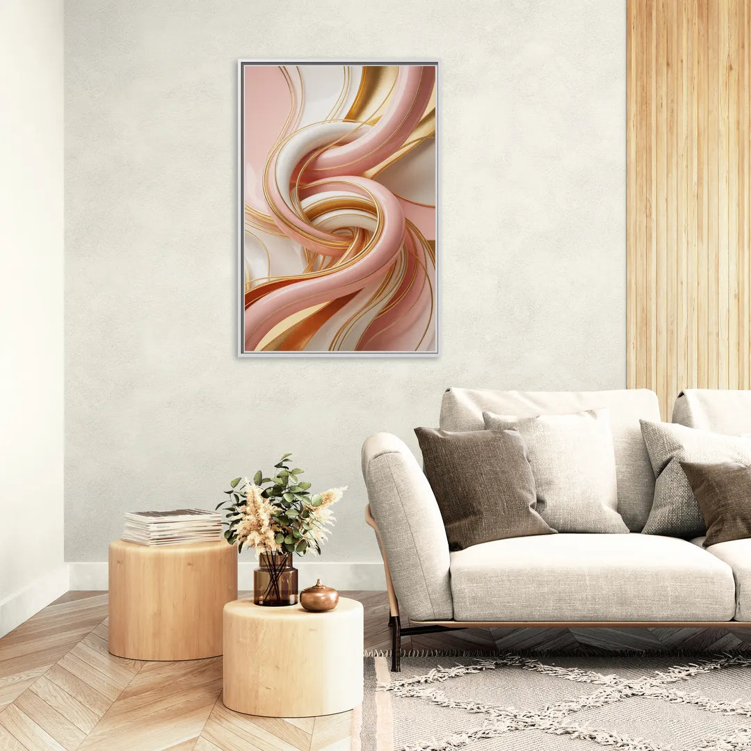 Opulent Fluidity in Pink and Gold Abstract - Living Room White Frame Canvas