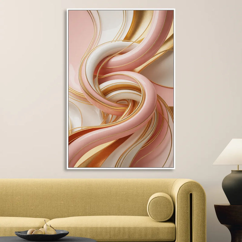 Opulent Fluidity in Pink and Gold Abstract Living Room - White Canvas Wall Art