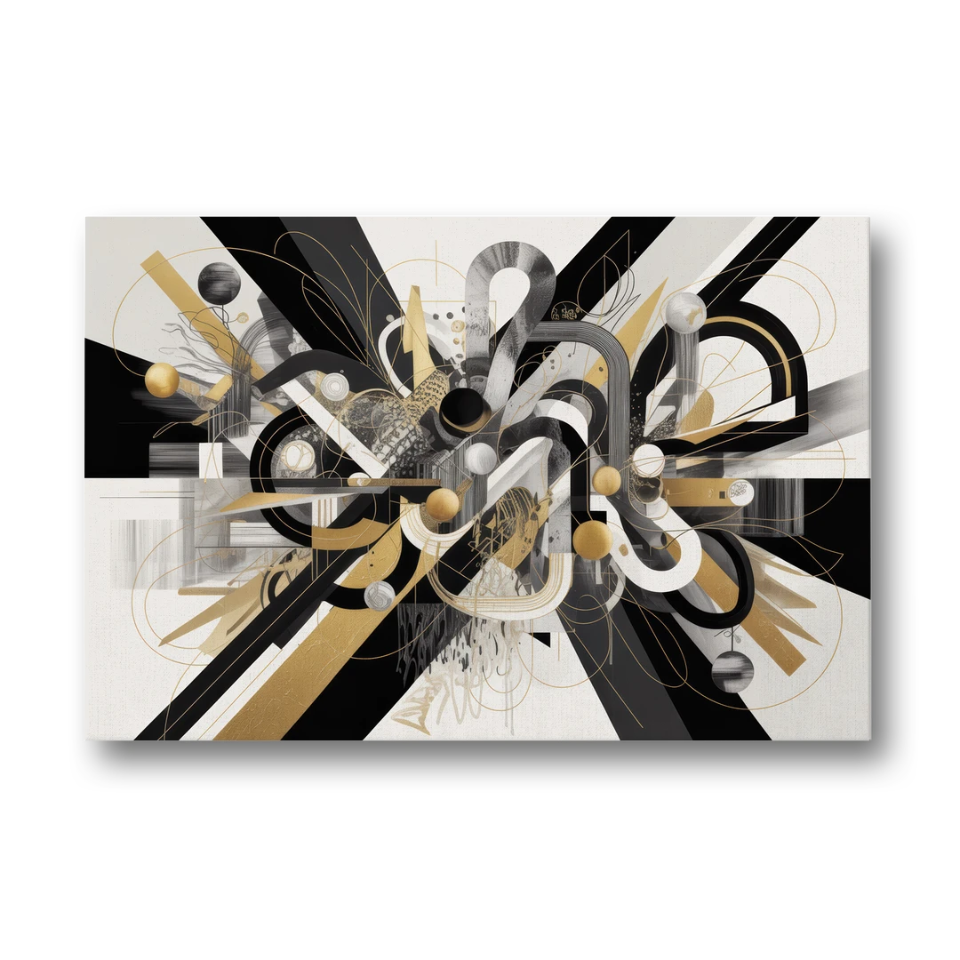 Opulent Geometric Dance Black White and Gold Abstract - Canvas Wall Art - Front