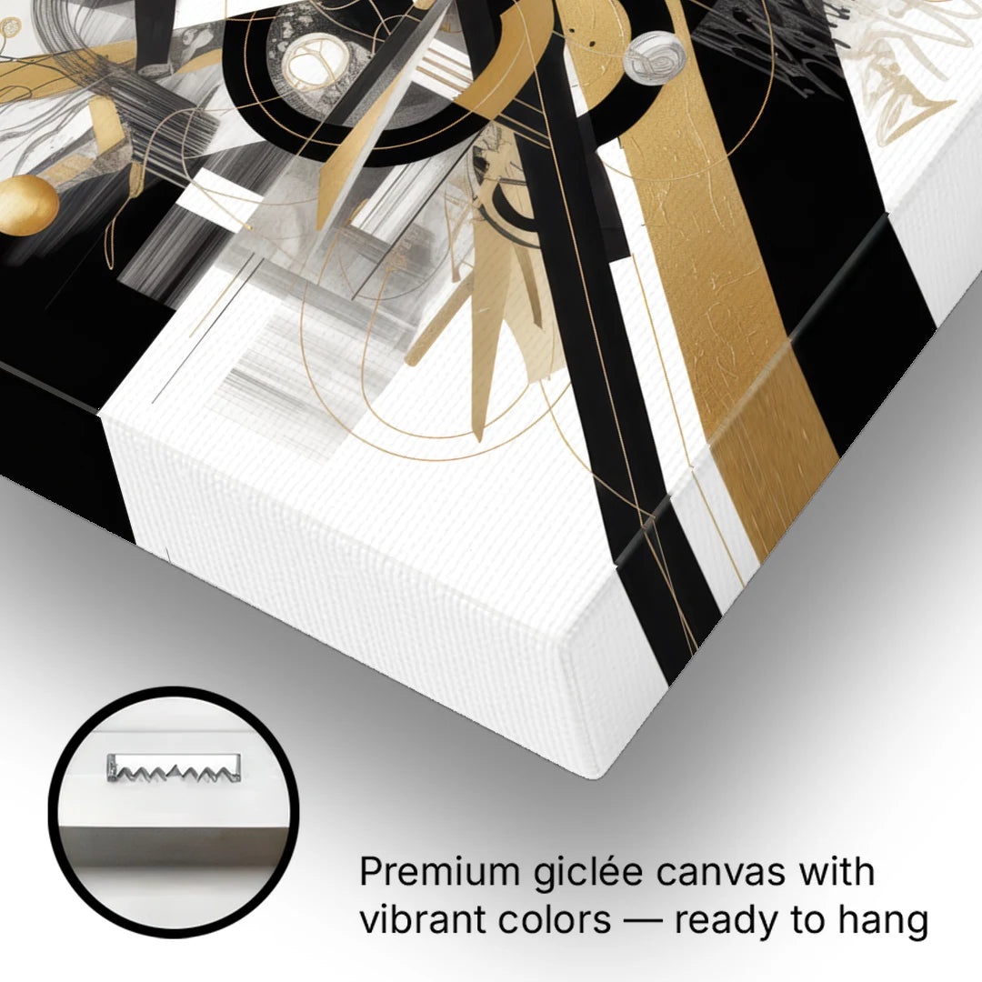 Opulent Geometric Dance Black White and Gold Abstract - Canvas Wall Art - Gallery Wrap Corner