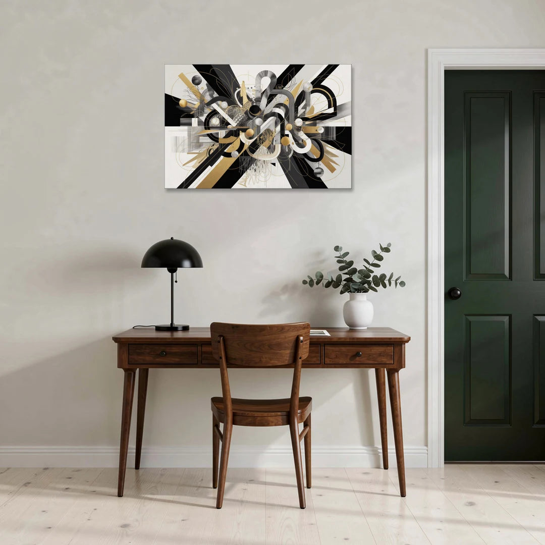Opulent Geometric Dance Black White and Gold Abstract - Canvas Wall Art - Office - 36x24
