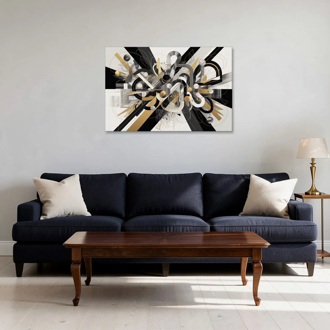 Opulent Geometric Dance Black White and Gold Abstract - Canvas Wall Art - Sofa - 36x24