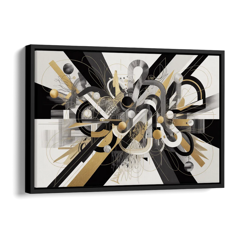 Opulent Geometric Dance Black White and Gold Abstract Side - Black Canvas Wall Art