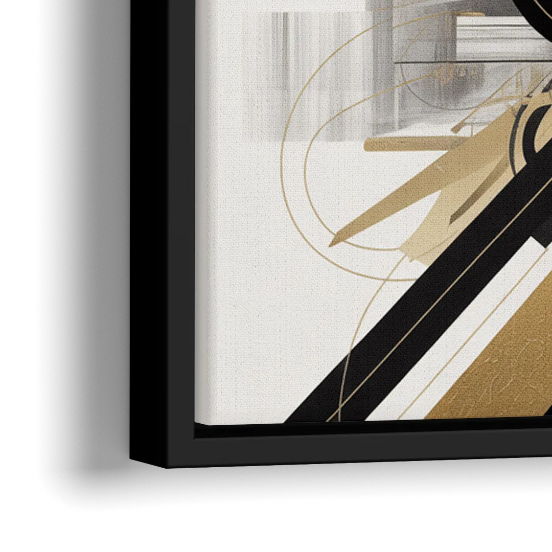 Opulent Geometric Dance Black White and Gold Abstract - Close-Up Black Frame Canvas