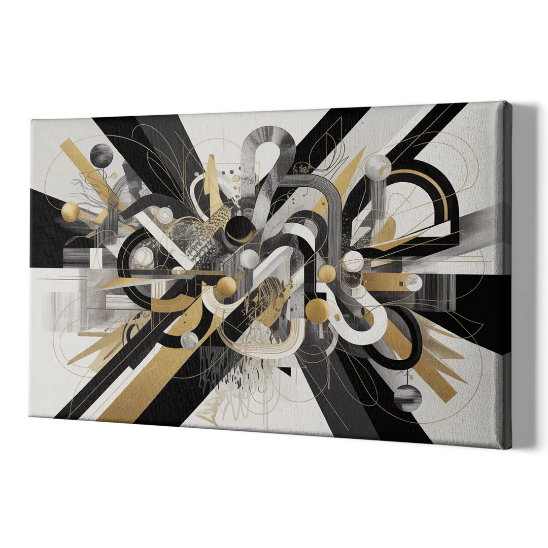 Opulent Geometric Dance Black White and Gold Abstract - Canvas Print Art Sides