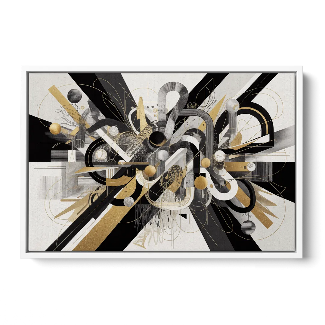 Opulent Geometric Dance Black White and Gold Abstract - White Frame Canvas