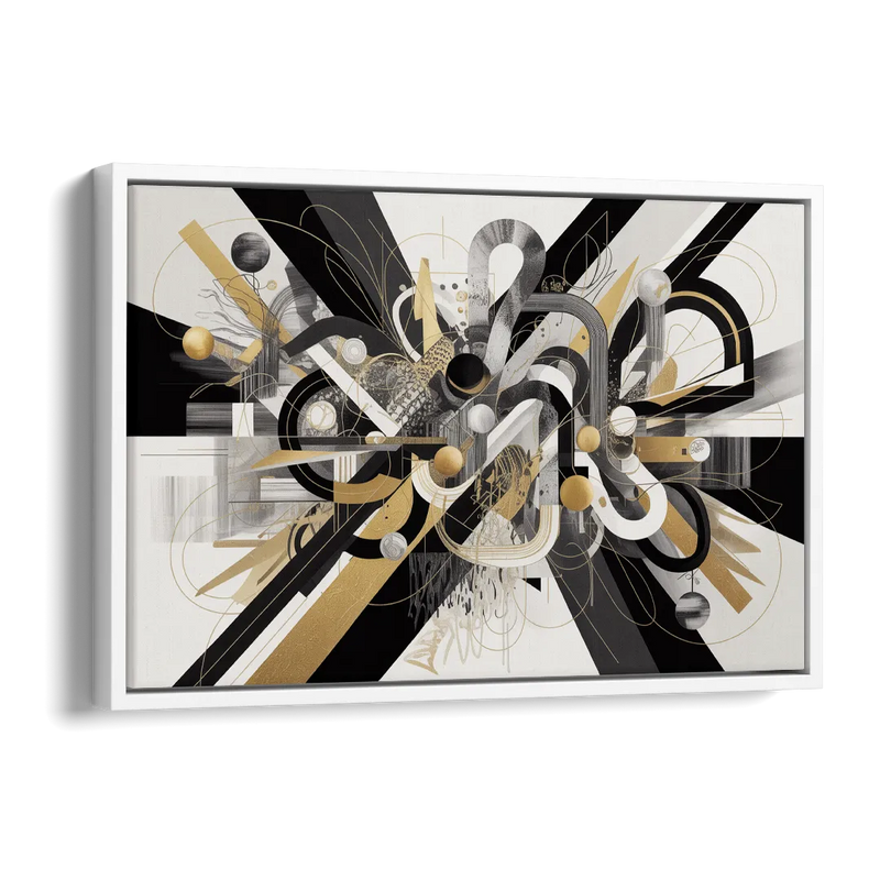 Opulent Geometric Dance Black White and Gold Abstract Side - White Canvas Wall Art