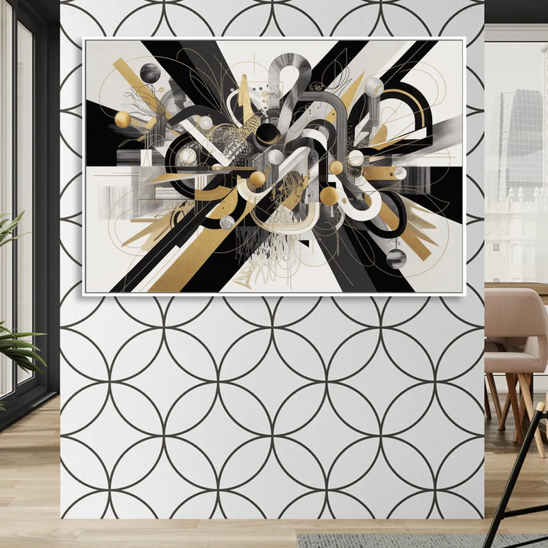 Opulent Geometric Dance Black White and Gold Abstract Sitting Room - White Canvas Wall Art