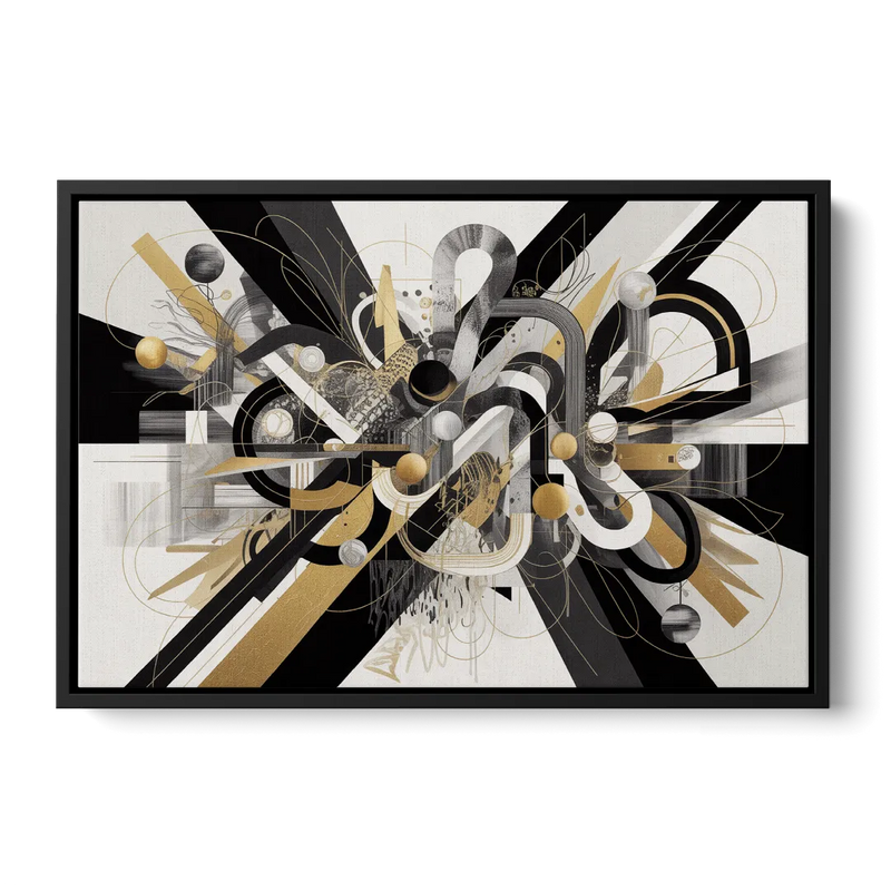 Opulent Geometric Dance Black White and Gold Abstract Front - Black Canvas Wall Art