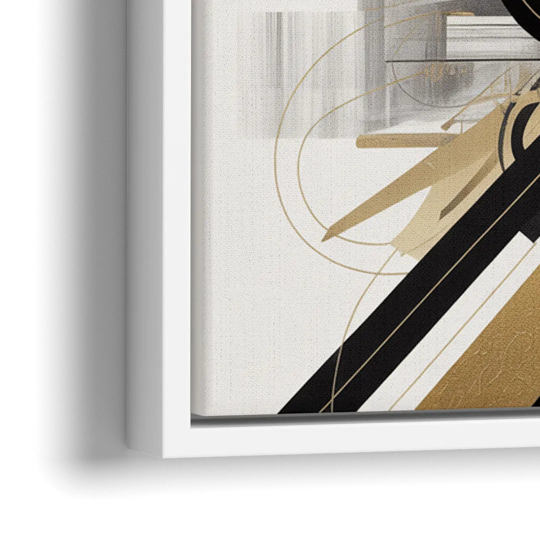 Opulent Geometric Dance Black White and Gold Abstract - Close-Up White Frame Canvas