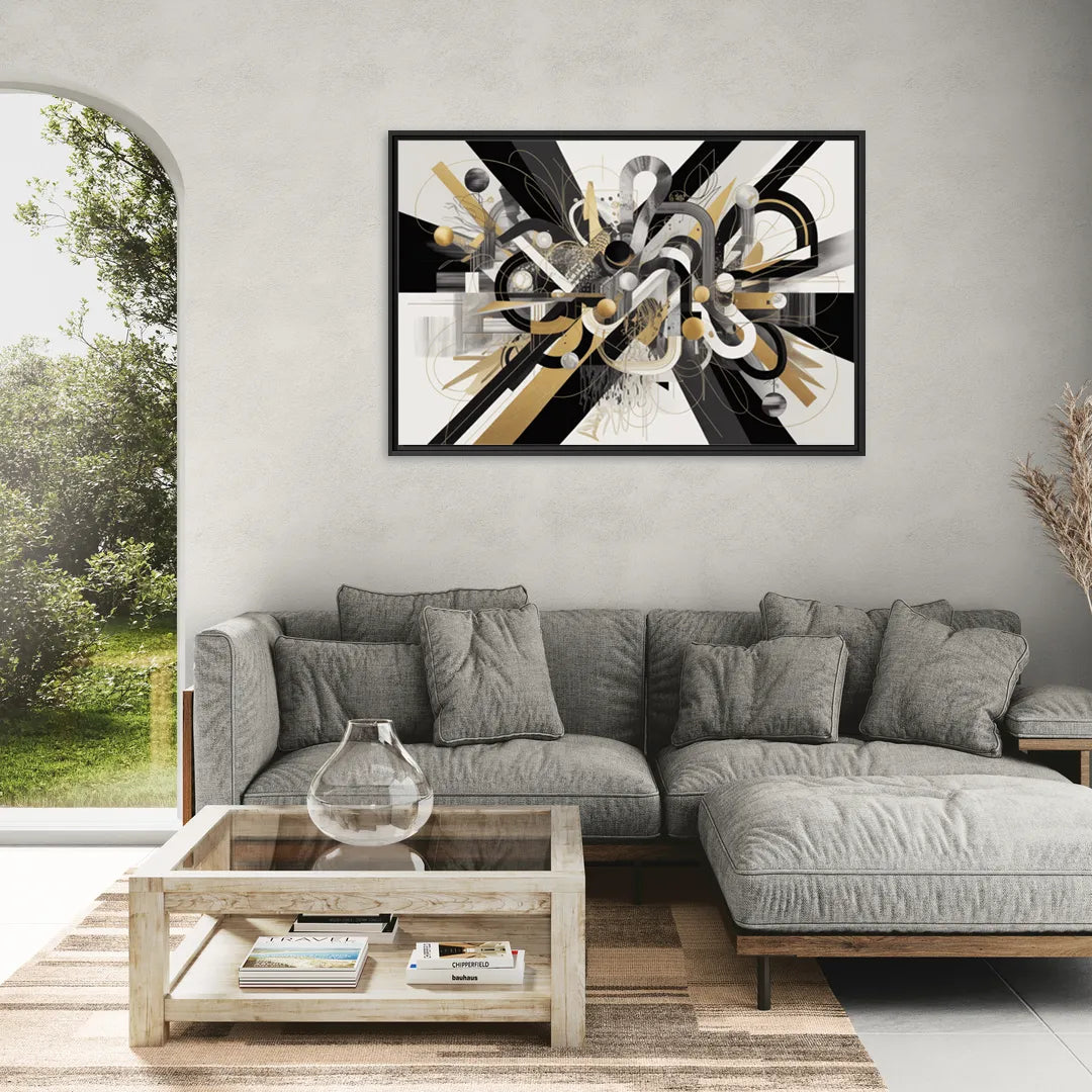 Opulent Geometric Dance Black White and Gold Abstract - Living Room Black Frame Canvas