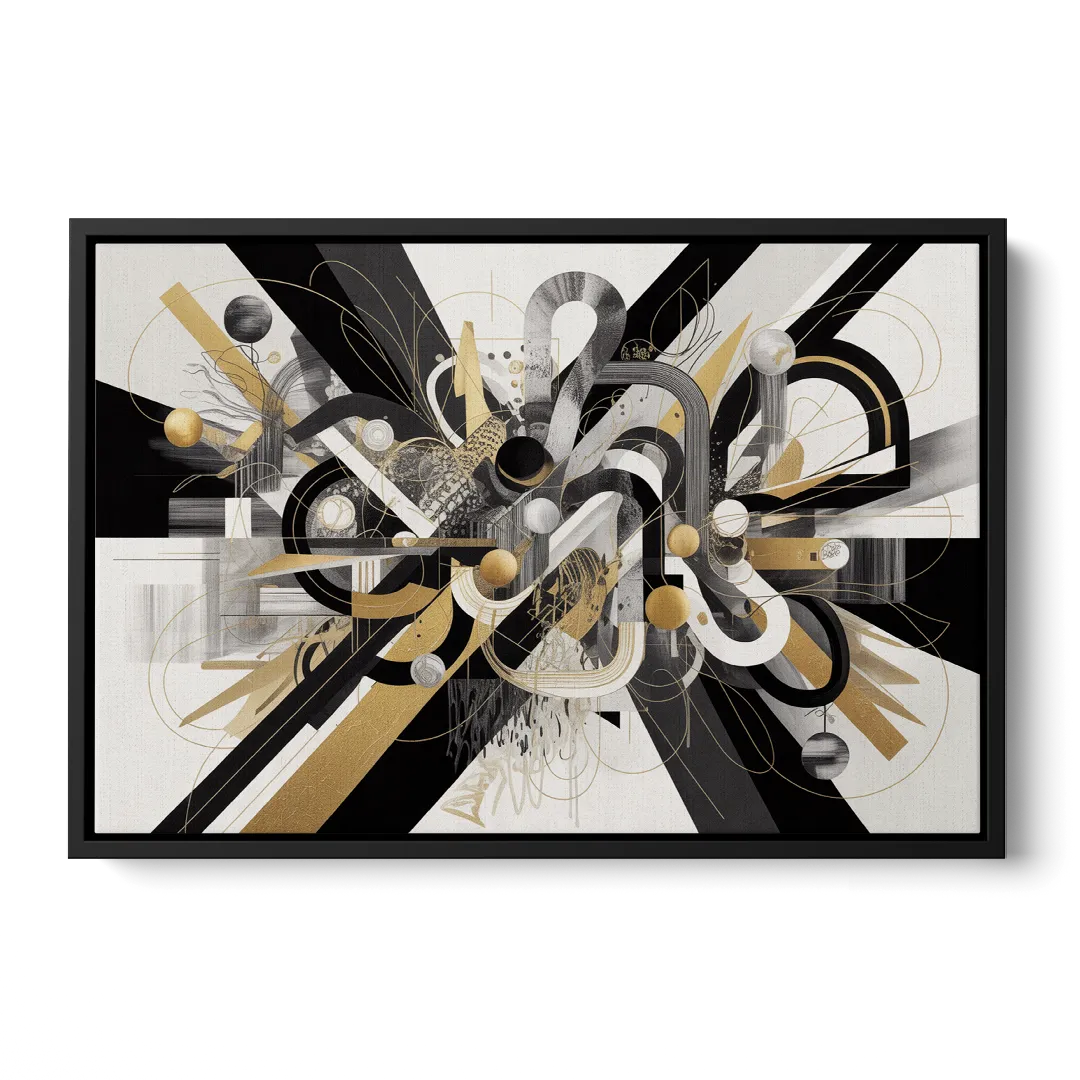 Opulent Geometric Dance Black White and Gold Abstract - Black Frame Canvas