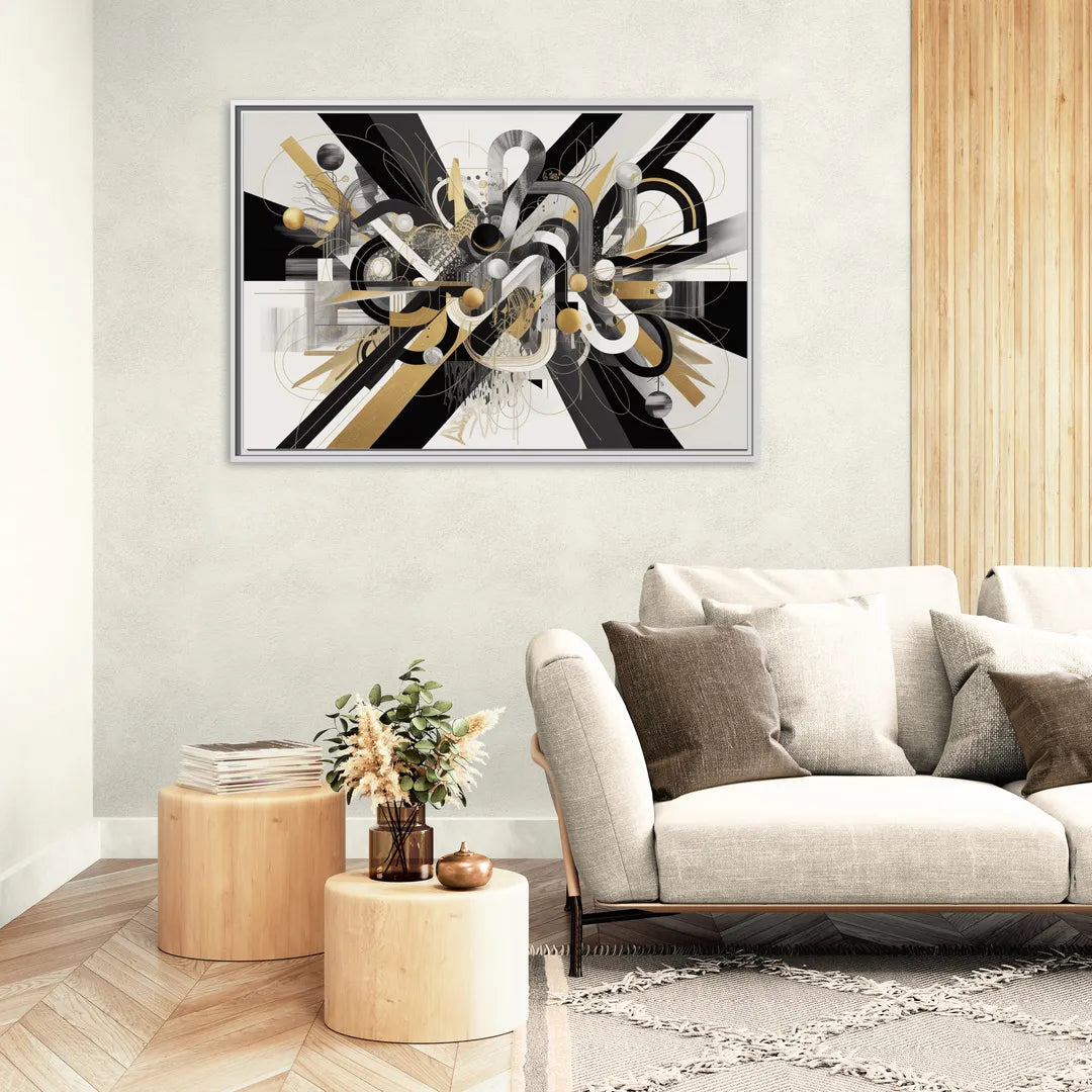 Opulent Geometric Dance Black White and Gold Abstract - Living Room White Frame Canvas
